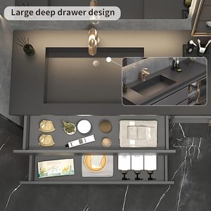 Meuble-lavabo mural gris foncé moderne à double tiroir avec vasque intégrée et armoire miroir LED intelligente anti-buée - Product Image 5