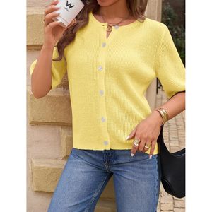 Cardigan court à manches courtes pour femme, en tricot boutonné, léger, haut d'été décontracté, chemisier respirant, pull tendance - Product Image 3