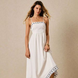 Vestido Largo Blanco Casual Elegante para Mujer, Tirantes Finos, Espalda Descubierta, Bordado Azul, Maxi, 100% Algodón Tejido, Cintura Natural - Product Image 1