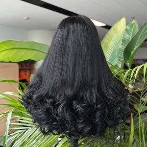 วิกผมลอนดอกไม้แบบปิดหน้าผาก 5*5  วิกผมบ๊อบสีดำธรรมชาติ  <span class=keywords><strong>ผม</strong></span>แท้เรมี่ 50%  วิกผมบ๊อบเด้งดึ๋งสำหรับผู้หญิง วิกผมผสมใยสังเคราะห์และผมแท้ - Product Image 2