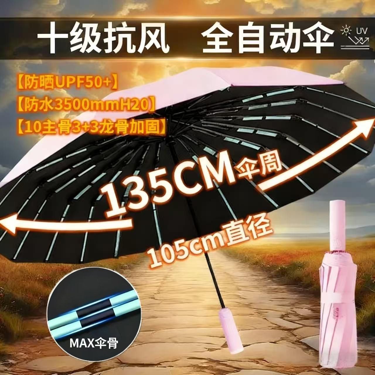 Modèle 596 Rose Romantique [Résistance au vent niveau 10] Auvent de 135 cm