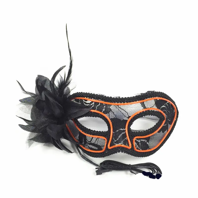 2022 Halloween DJ Rave 10 Lampu Neon Masquerade Kostum Fancy Dress Masker Mardi Gras EL Menyala Topeng Pesta dengan Bulu