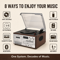 G30145 Lecteur de disques vinyles en bois 9-en-1 avec USB, lecteur CD, magnétophone, radio AM/FM, phonographe, Bluetooth et haut-parleurs
