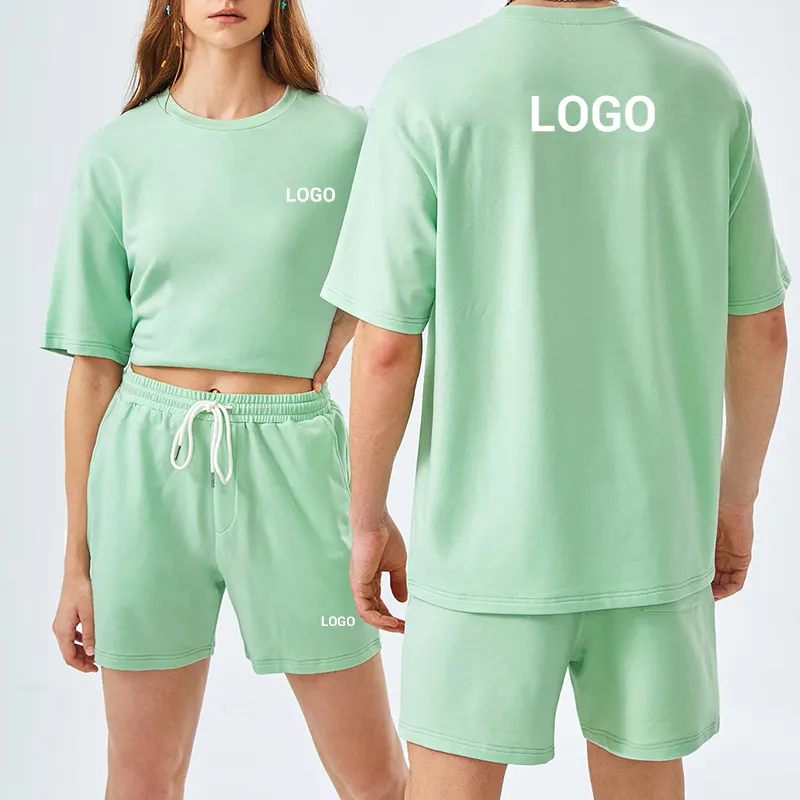 Комплект одежды с логотипом на заказ для мужчин и женщин, унисекс, 1 шт., футболка с надписью и графическим принтом, с открытыми плечами и шорты, 1 шт.