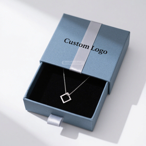 Luxury Custom Brand Blue Paper Necklace Jewelry Drawer <b>Box</b> with <b>Black</b> Lining and Ribbon Handmade Packaging - Product Image 2