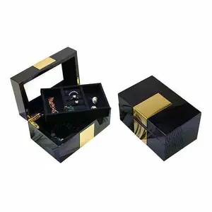 Mexda Luxury Watch Box High Gloss Piano Paint Wood Ring Box Custom Logo Metal Plate Double Layer Jewelry Watch Box with Tray