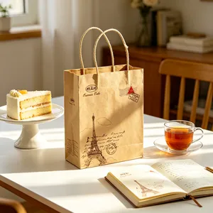 Sacs de courses en papier kraft brun écologiques personnalisés avec logo, sacs de transport en papier recyclé torsadés pour emballage cadeau de détail en gros - Product Image 1