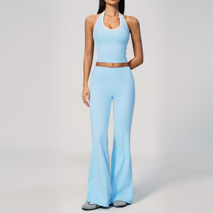 Quick-drying Yoga Wear Sets for Women Halter Gym tank <strong>Tops</strong> High Waist <strong>Peach</strong> Butt Lift Flared Pants Leggings 2 Pieces Sets - Product Image 2