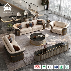 Ensemble de meubles de salon : Canapé en cuir véritable, table basse à plateau en marbre, meuble TV matelassé pour la conception de villas, personnalisation complète de la maison - Product Image 3