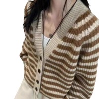 Nouvelle Collection Automne/Hiver 2026 - Cardigan Élégant en Mohair Doublé de Laine à Motifs Floraux pour Femme, Veste Tricotée Rayée à Col en V et Couleurs Contrastées