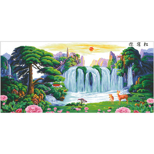 Pintura de punto de cruz DIY de gran tamaño: Cascada <span class=keywords><strong>y</strong></span> lago montañoso, paisaje natural, árboles, animales del bosque, arte en lienzo. - Product Image 5