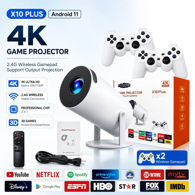 New trend Game Projector X10PLUS 4K H713 Android 11 with 2.4G Wireless Gampad Supports Multiple Game Portable Output Projection