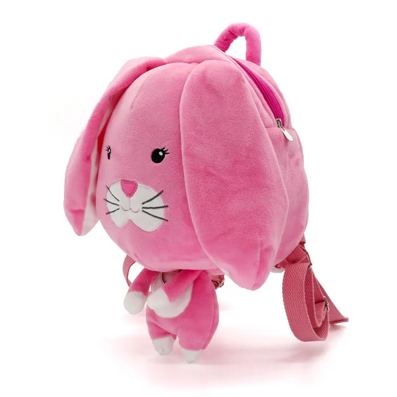2023 New fashion cute aartoon animal pink bunny shape plush school bag with Anti-lost rope backpack for kids