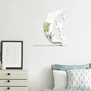 Oturma odası yatak dekorasyon 3D akrilik ayna Sticker ay yıldız şekiller akrilik duvar Sticker