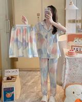 Set piyama katun wanita, pakaian kasual rumah wanita kardigan kartun sutra susu, tiga potong musim panas kualitas tinggi