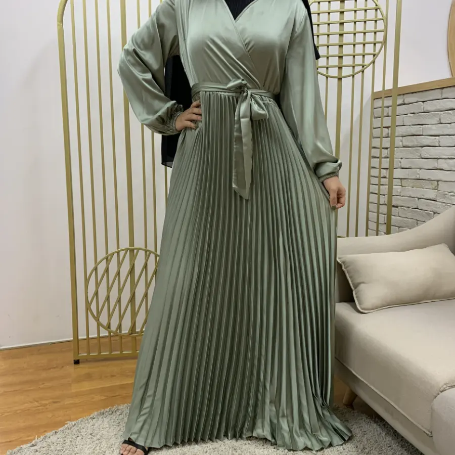 Luxury Islamic Clothing Eid Solid Color Wrap Long Sleeve Maxi Dress Summer Modest Wear Satin Abaya Dress for Muslim Women