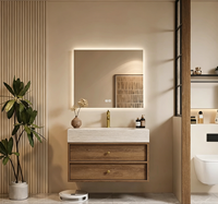 Kabinet Kamar Mandi Kayu Veneer Walnut Modern Berkualitas Tinggi MDF, Kabinet Kamar Mandi Gantung Dinding, Populer untuk Hotel