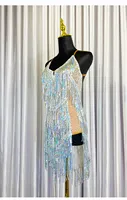 Robe de danse latine pour femmes OEM avec franges en strass irisés, robe de compétition de salsa, robe de scène pour performance de danse