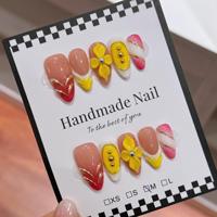 Faux Ongles en PMMA Faits Main en Gros, Motifs Prédéfinis à Pois, Fleurs 3D, Diamants et Perles, Forme Amande