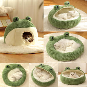 Lit pour animaux de compagnie de luxe design grenouille dessin animé confortable nid de chiot en peluche grotte petit chat rond maison pour chiens - Product Image 5