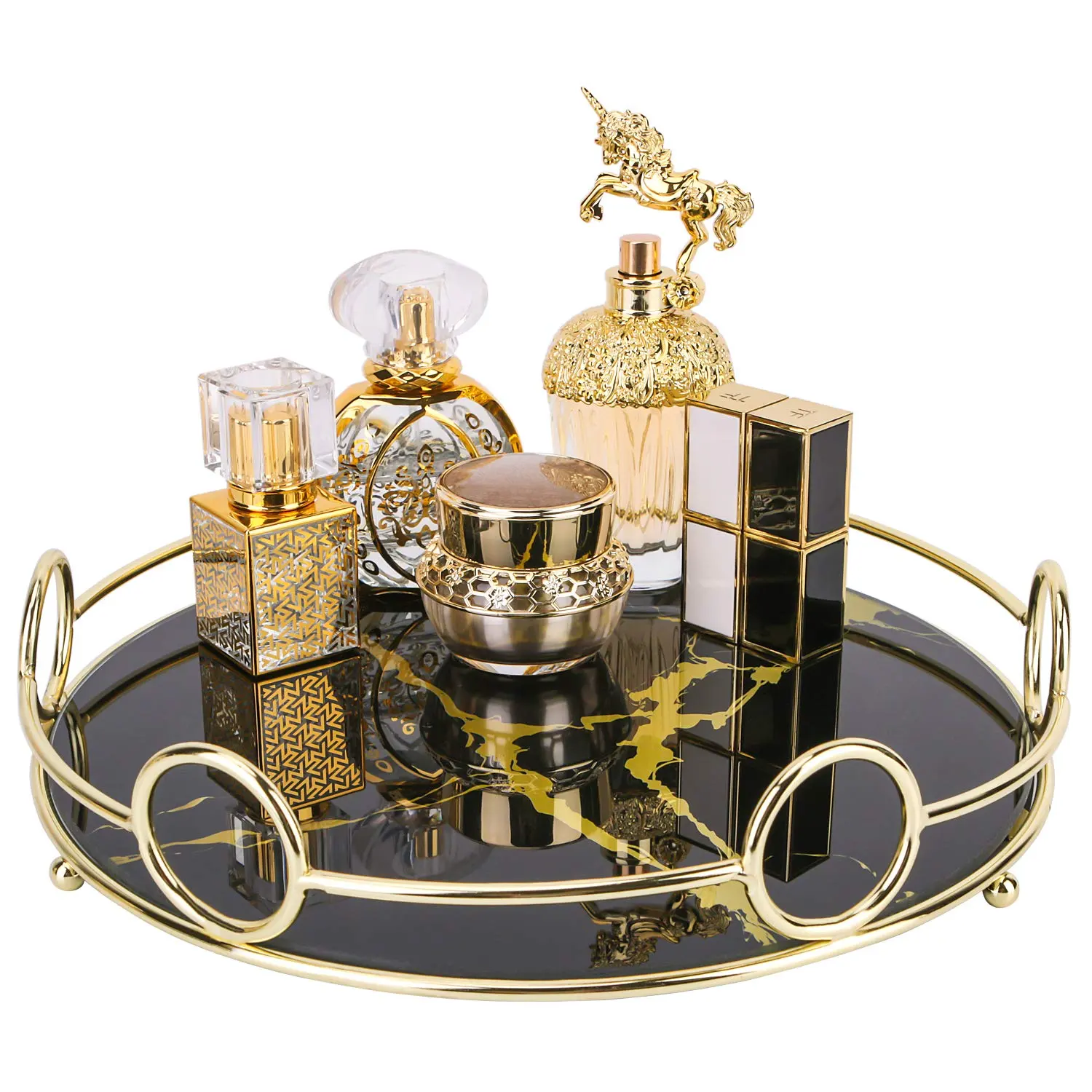 Vassoi cosmetici per profumi decorativi a specchio d'oro vassoi portaoggetti per gioielli in vetro Vintage Vanity Countertop Storage bagno