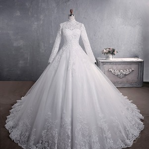 New Heavy-duty Long-<b>sleeved</b> Summer Lace Bride Stand-up Collar Chapel Train Royal Bohemian Floral Pattern White Wedding Dress - Product Image 1