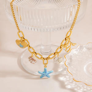 Collar de Acero Inoxidable con Baño de Oro 18K al por Mayor, Colgante de Estrella de Mar y Coral con Esmalte, Cadena para Clavícula, Diseño de <span class=keywords><strong>Verano</strong></span> con Temática Oceánica, de Moda - Product Image 3