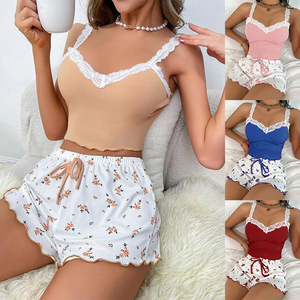 Conjunto de <span class=keywords><strong>Pijama</strong></span> para <span class=keywords><strong>Mujer</strong></span>, Novedad 2026, con Encaje, Tirantes Finos, Camisola y Pantalones Cortos, Ropa de Dormir de Verano para Vacaciones, Venta al Por Mayor - Product Image 1