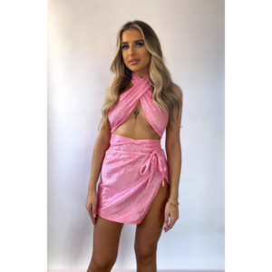 Top bandeau cruzado de piel de serpiente Rosa bebé con lazo - Product Image 3