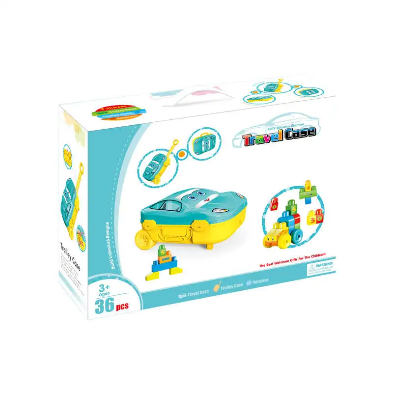 Cartoon car pull rod box plastic material children diy assembly building blocks toys for sale