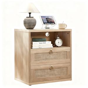 Table de chevet en bois style ferme avec tiroir en rotin, étagère ouverte et gestion des câbles, rangement frontal ouvert - Product Image 5