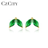 CZCITY-pendientes pequeños de Plata de Ley 18K, pendientes de tuerca con diamantes de marquesa y esmeralda dorada