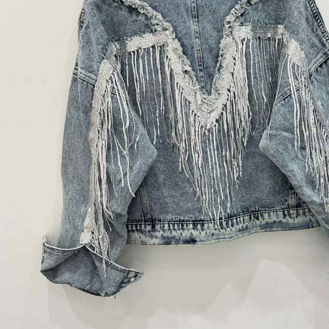 Spring Autumn Embroidered Sequins Denim Jacket Women Tassel Loose All-Match Jean Jacket Female Long Sleeve Denim Coat