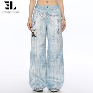 מכנסי ג'ינס רחבים מדנים עם הדפס תלת מימד מלא בטכנולוגיית DTG/DGT, בסגנון טרומפ-לואי, משובצים באבני חן, פנינים ותכשיטים, מבית LARSUR Custom Factory, לנשים. - Product Image 5