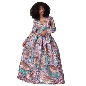 2021新款时尚非洲风格女士长袖v领裙花卉数字印花地板长度高腰球衣连衣裙