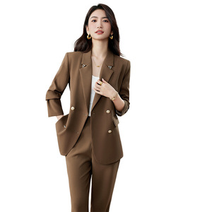Women's Cream Suit Set Solid Color Polyester Double Breasted Casual Office Wear - Product Image 5