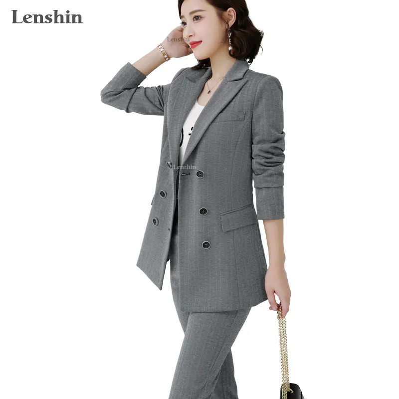 High-quality 2 Piece Suit Set Stripe Soft Comfortable Formal Pant Suit Office Lady Women Business Gray Blazer and Pencil Trouser