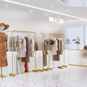 Giá treo quần áo chắc chắn cho cửa hàng thời trang, giá treo quần áo đơn cột màu vàng, giá trưng bày quần áo di động - Product Image 3