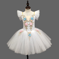 Robe de danse de ballet à jupe bouffante, manches bouffantes, tenue de ballerine, tutu de danse avec broderie florale pour enfants