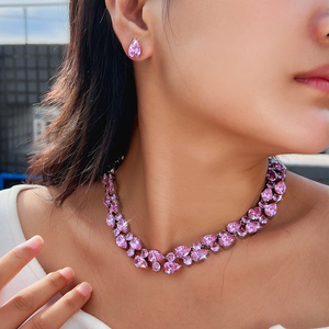 Magnifique collier et boucles <span class=keywords><strong>d</strong></span>'oreilles pendantes en rhodium plaqué avec zircon cubique rose pour femmes, bijoux de costume pour mariées - Product Image 4
