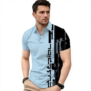 เสื้อโปโลแขนสั้นสีฟ้าอ่อนสำหรับผู้ชาย ลายพิมพ์ดิจิทัลสีดำ สวมใส่สบาย ระบายอากาศได้ดี ผลิตจากผ้าทอ ขายส่ง - Product Image 1