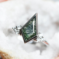 Anillos de Plata S925 con Baño de Rodio, Diseño Vintage con Ágata Verde Musgo Corte Cometa, para Novia, Boda, Aniversario, San Valentín, Regalo
