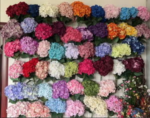 Q-1466 Vente en gros de fleurs artificielles d'hortensia bordeaux à grandes têtes, et de buissons d'hortensia bleus - Product Image 1