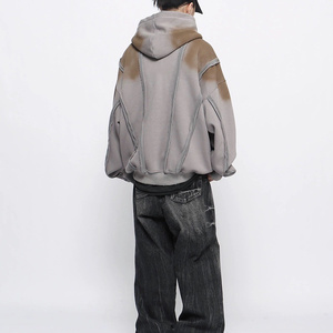 New Design <b>Spray</b> Dirty Wash <b>Sun</b> Fade Zip up Hoodies High Quality Custom Distressed Sewing Oversize Zipper Hoodie - Product Image 2