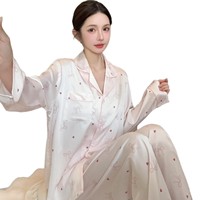 Pyjama Femme Printemps/Été Respirant en Soie Glacée, Ensemble Haut et Pantalon à Manches Longues, Motif Lapin et Ours Mignons, Vêtement de Détente en Soie Fine, Nouveau