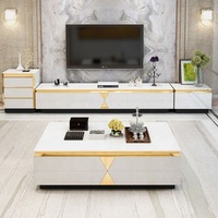 Meuble TV en panneaux de bois de luxe, ensemble moderne de meuble TV et table basse avec tiroir pour salon