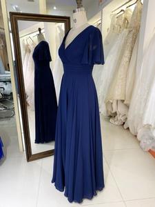 Robe de mariée ou de demoiselle d'honneur en mousseline de soie <span class=keywords><strong>bleu</strong></span> <span class=keywords><strong>marine</strong></span>, taille plus, manches courtes, coupe trapèze, plissée à la main - Product Image 3