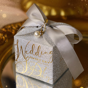 Nuova Scatola Regalo per Confetti Matrimoniali Oro <span class=keywords><strong>e</strong></span> Argento Glitterata Porta Cioccolatini per Feste di Anniversario con Perla <span class=keywords><strong>e</strong></span> Nastro per Ospiti - Product Image 3