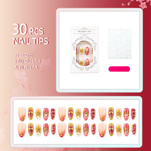 30 faux ongles à presser en amande, motif floral 3D dégradé et pois, avec feuille d'or française, collection automne-hiver, vente en gros - Product Image 2
