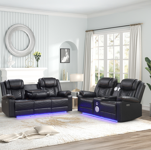 Canapé inclinable électrique moderne en similicuir en forme de U avec LED, 3 pièces (canapé + causeuse + fauteuil) avec porte-gobelets, console causeuse et haut-parleurs Bluetooth - Product Image 1